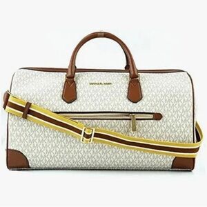 Michael Kors Large Travel Duffle Cream and Brown Weekend Bag Holiday